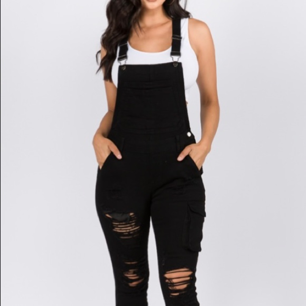 Black Distressed Denim Overalls